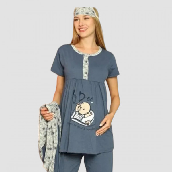 Eliz Γυναικεία  Βαμβακερή Λεπτή Πυτζάμα Μαιευτηρίου για Μητέρες με ρόμπα και μακρύ Παντελόνι δώρο μάσκα υπνου Μπλε Baby Boy 6325