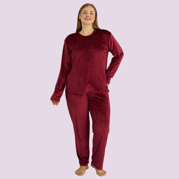 Mihra γυναικεία Μπορντώ βελούδινη πιτζάμα Plus sizes 13213-3 Bordaux