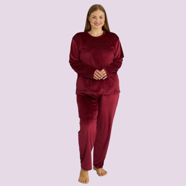 Mihra γυναικεία Μπορντώ βελούδινη πιτζάμα Plus sizes 13213-3 Bordaux