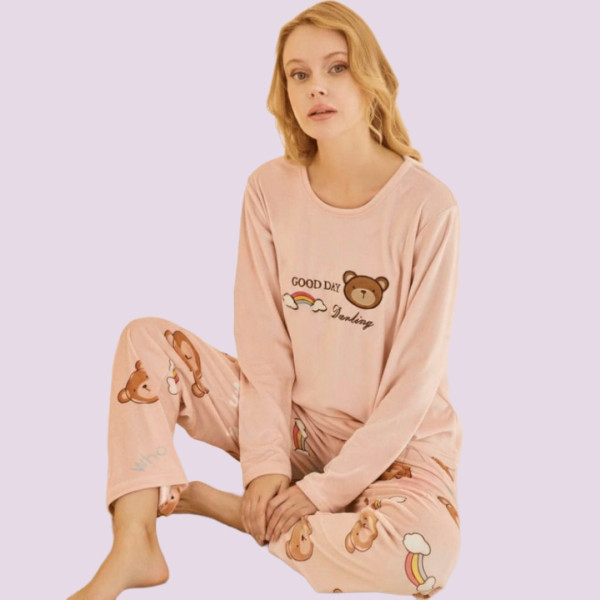 Mihra γυναικεία Ροζ βελούδινη πιτζάμα με Prints αρκουδάκι στο τοπ και σε ολο το παντελόνι 13313 pink