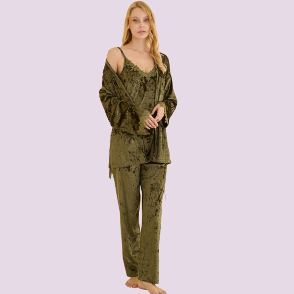 Mihra Γυναικεία Χειμερινή Βελούδινη Πιτζάμα Πράσινο ανοιχτό Σετ 3τεμ Τοπ με δαντέλα-Ρόμπα-Μακρύ Παντελόνι 13860