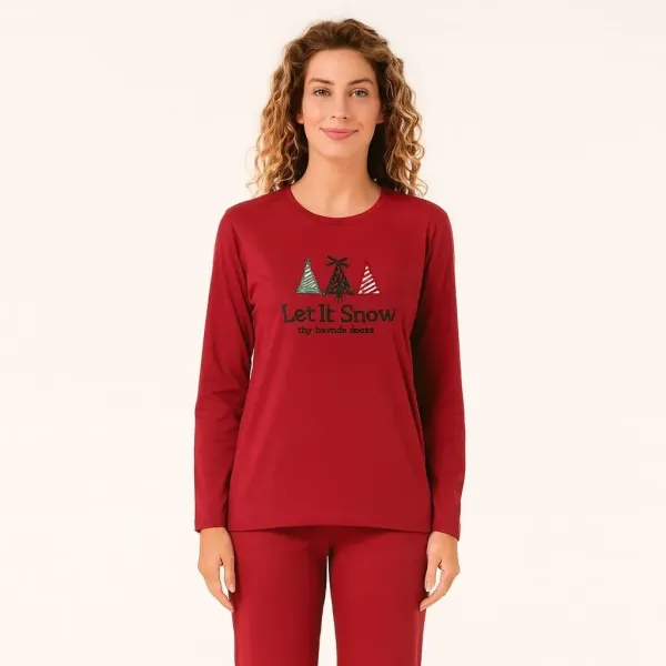 Mihra homewear γυναικεία χριστουγεννιάτικη κόκκινη Red  βελουτέ πιτζάμα πολυτελείας με φανταστικά κεντημένα δεντράκια Let it snow 19104.R2619