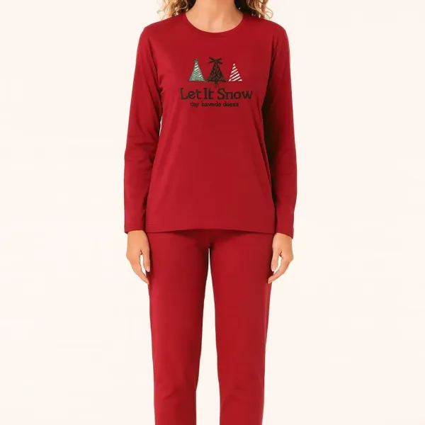 Mihra homewear γυναικεία χριστουγεννιάτικη κόκκινη Red  βελουτέ πιτζάμα πολυτελείας με φανταστικά κεντημένα δεντράκια Let it snow 19104.R2619