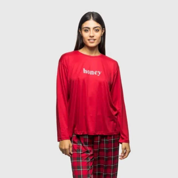 Mihra homewear γυναικεία Plus sizes κόκκινη Red  βελουτέ πιτζάμα honey πολυτελείας με καρώ παντελόνι ίσιο 50802.2.RED