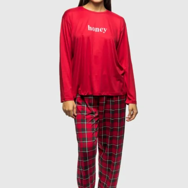 Mihra homewear γυναικεία Plus sizes κόκκινη Red  βελουτέ πιτζάμα honey πολυτελείας με καρώ παντελόνι ίσιο 50802.2.RED