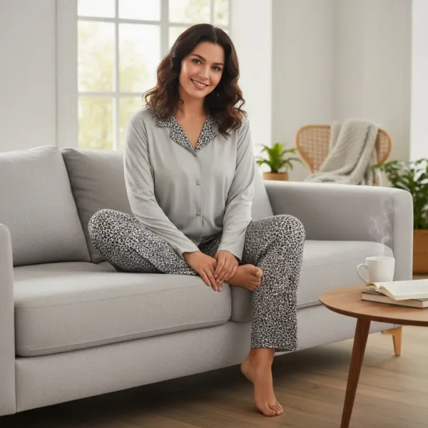 Arcan homewear γυναικεία γκρί grey  πιτζάμα πολυτελείας με κουμπιά και γιακά με λεοπάρ σχέδια 