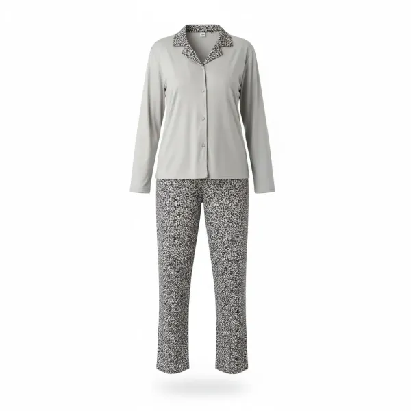 Arcan homewear γυναικεία γκρί grey  πιτζάμα πολυτελείας με κουμπιά και γιακά με λεοπάρ σχέδια 