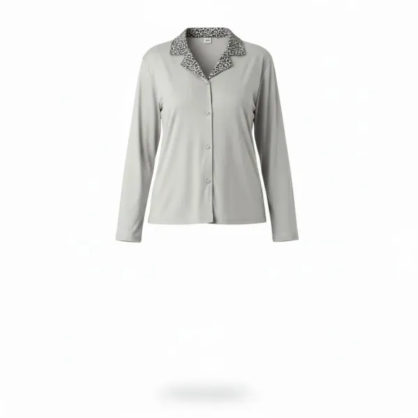 Arcan homewear γυναικεία γκρί grey  πιτζάμα πολυτελείας με κουμπιά και γιακά με λεοπάρ σχέδια 
