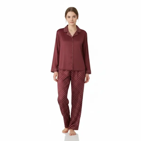 Arcan homewear γυναικεία μοντέρνα Μπορντώ βελουτέ πιτζάμα με κουμπιά & παντελόνι ίσιο  πουά Plus sizes 50851.4.BORDO