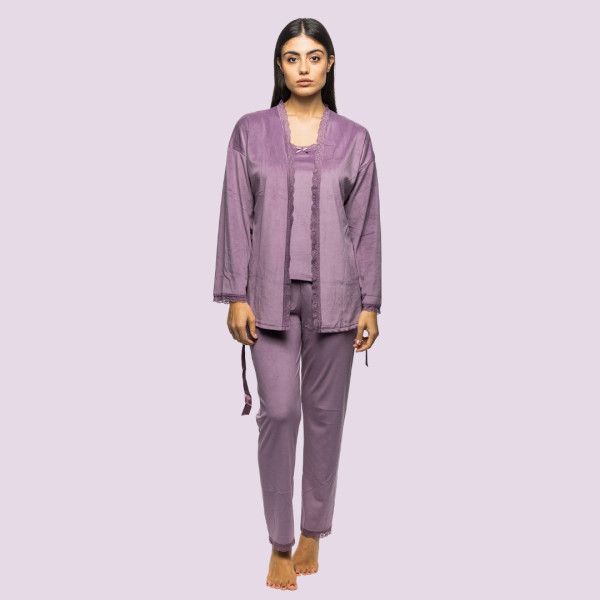 Mihra Γυναικεία Χειμερινή Βελούδινη Πιτζάμα Ροζ πουδρα ανοιχτό Σετ 3τεμ Τοπ με δαντέλα-Ρόμπα-Μακρύ Παντελόνι 13455