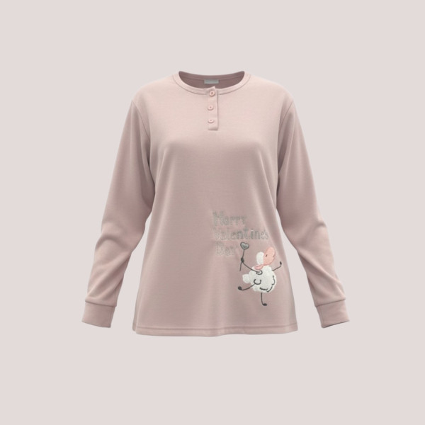 Γυναικεία Βαμβακερή Πιτζάμα fashion με σχέδιο προβατάκια ροζ μπλούζα με κουμπιά και γκρί παντελόνι Happy Valentine's Day F5683 Dusty pink