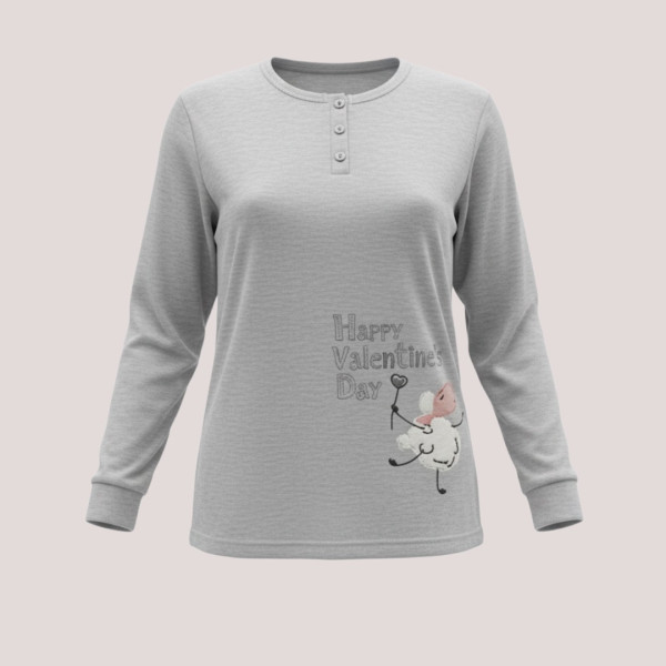 Γυναικεία Βαμβακερή ζεστή Πιτζάμα fashion με σχέδιο προβατάκια γκρί μπλούζα με κουμπιά και γκρί παντελόνι Happy Valentine's Day F5683 Grey