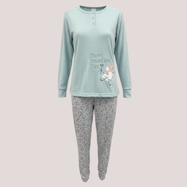 Γυναικεία Βαμβακερή ζεστή Πιτζάμα fashion με σχέδιο προβατάκια Πετρόλ μπλούζα με κουμπιά και γκρί παντελόνι Happy Valentine's  F5683 Petrol