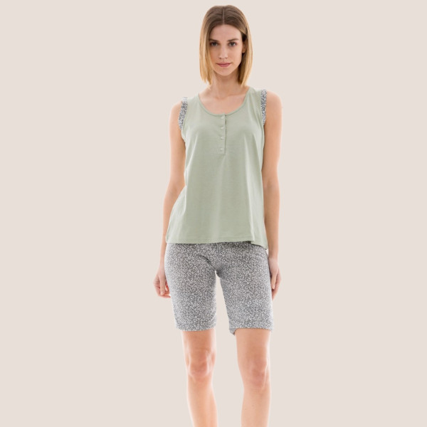 Pink Label Γυναικείο βαμβακερό καλοκαιρινό Set babydoll με Τιραντάκι & κουμπιά χακί πράσινο S1223