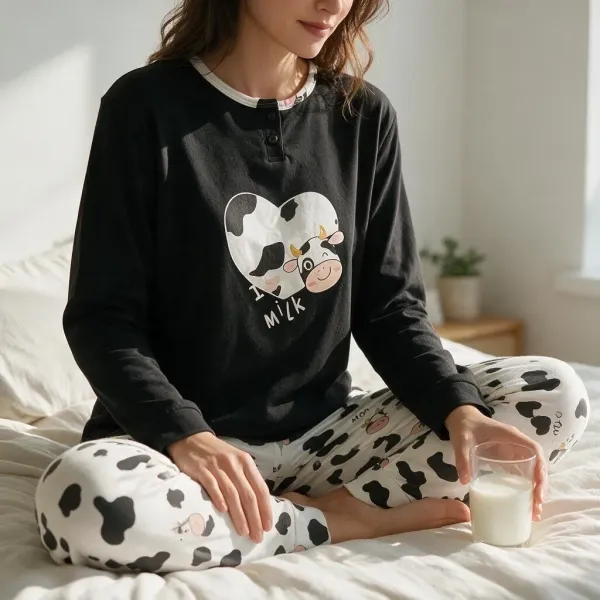 Γυναικεία Βαμβακερή ζεστή Πιτζάμα fashion με σχέδιο αγελαδίτσα μαύρη μπλούζα με κουμπιά και παντελόνι λευκό Woo Q1035