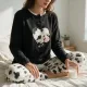 Γυναικεία Βαμβακερή ζεστή Πιτζάμα fashion με σχέδιο αγελαδίτσα μαύρη μπλούζα με κουμπιά και παντελόνι λευκό Woo Q1035