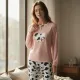 Γυναικεία Βαμβακερή ζεστή Πιτζάμα fashion με σχέδιο αγελαδίτσα σομόν μπλούζα με κουμπιά και παντελόνι λευκό Woo Q1035