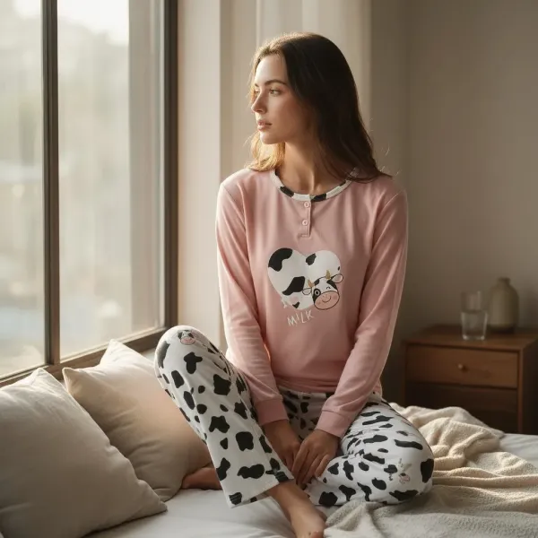 Γυναικεία Βαμβακερή ζεστή Πιτζάμα fashion με σχέδιο αγελαδίτσα σομόν μπλούζα με κουμπιά και παντελόνι λευκό Woo Q1035