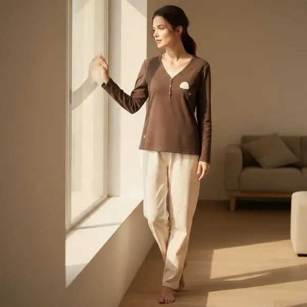 Tress Γυναικείο fashion σετ πυτζάμας ανοιχτό καφέ μπλούζακι με 3 κουμπιά & ανάγλυφο σκυλάκι με κρέμ ίσιο παντελόνι PG267740