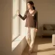 Tress Γυναικείο fashion σετ πυτζάμας ανοιχτό καφέ μπλούζακι με 3 κουμπιά & ανάγλυφο σκυλάκι με κρέμ ίσιο παντελόνι PG267740