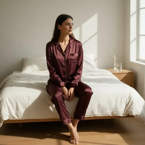 Γυναικεία Lingerie σατέν μπορντώ πιτζάμα με σατέν κουμπιά και ίσιο παντελόνι DM7059 BORDEAUX