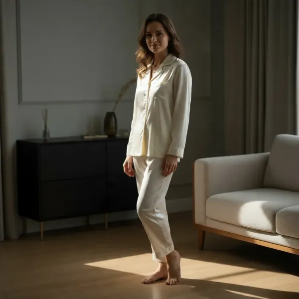 Γυναικεία Lingerie σατέν ιβουάρ πιτζάμα με σατέν κουμπιά και ίσιο παντελόνι DM7059 IVORY