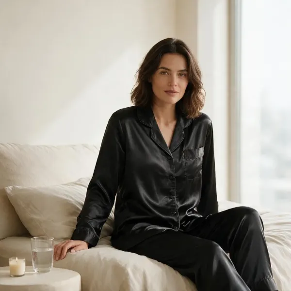 Γυναικεία Lingerie σατέν μαύρη πιτζάμα με σατέν κουμπιά και ίσιο παντελόνι DM7059 BLACK