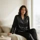 Γυναικεία Lingerie σατέν μαύρη πιτζάμα με σατέν κουμπιά και ίσιο παντελόνι DM7059 BLACK