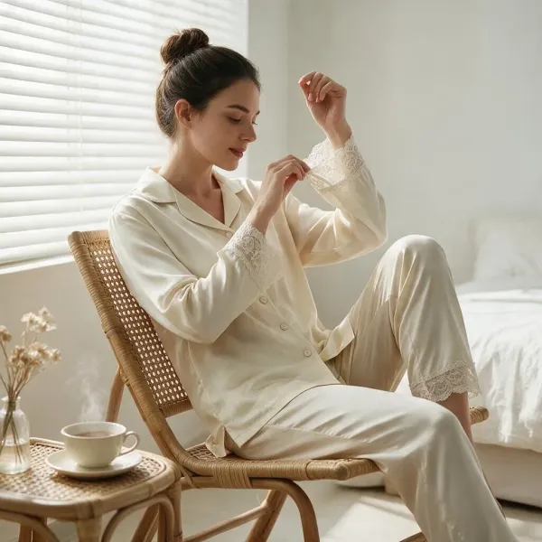 Γυναικεία Lingerie bride σατέν Λευκή πιτζάμα με σατέν κουμπιά & δαντέλα πολυτελείας στο τελείωμα & ίσιο παντελόνι DM7066 White