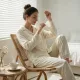 Γυναικεία Lingerie bride σατέν Λευκή πιτζάμα με σατέν κουμπιά & δαντέλα πολυτελείας στο τελείωμα & ίσιο παντελόνι DM7066 White