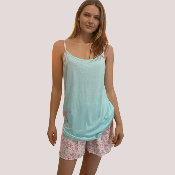 Q-bo Γυναικείο αμάνικο set babydoll Micromodal Τιρκουάζ top & σορτς με λουλουδάκια floral 9663.VQ