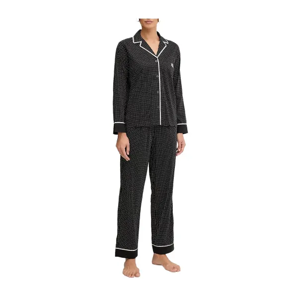 Ralph Lauren Γυναικείο set βαμβακερό πιτζάμας μαύρο με λευκό πουά πουκάμισο με κουμπιά &  παντελόνι ILN92439
