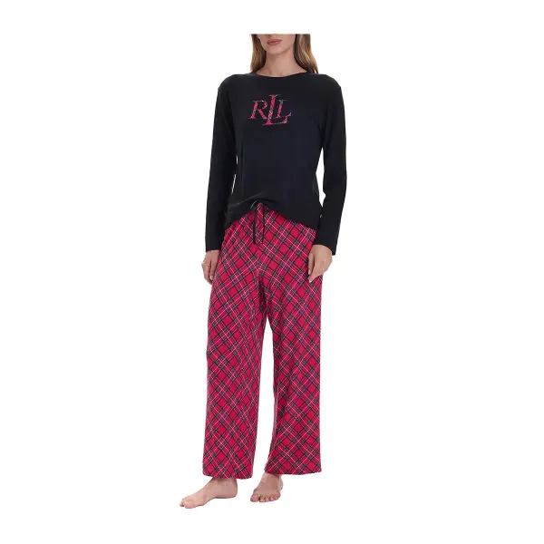 Ralph Lauren Γυναικείο set πιτζάμας μαύρη μπλούζα με ανάγλυφο logo & κόκκινο καρώ παντελόνι ILN72466F