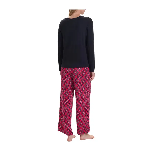 Ralph Lauren Γυναικείο set πιτζάμας μαύρη μπλούζα με ανάγλυφο logo & κόκκινο καρώ παντελόνι ILN72466F