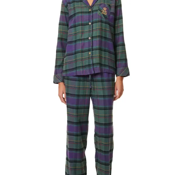 Ralph Lauren Γυναικείο set βαμβακερό πιτζάμας πράσινο με μωβ καρώ πουκάμισο με κουμπιά &  καρώ παντελόνι ILN92374F