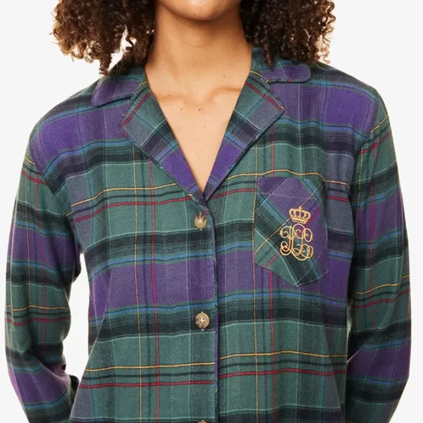 Ralph Lauren Γυναικείο set βαμβακερό πιτζάμας πράσινο με μωβ καρώ πουκάμισο με κουμπιά &  καρώ παντελόνι ILN92374F