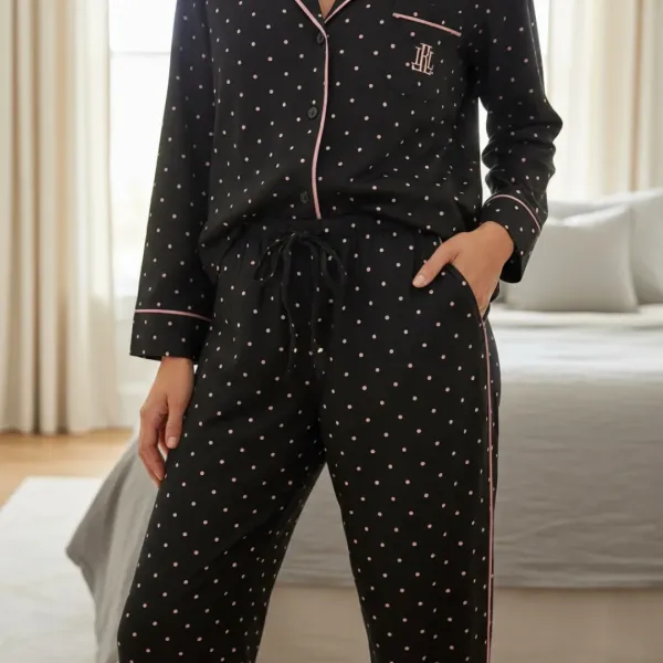 Ralph Lauren Γυναικείο set βαμβακερό πιτζάμας μαύρο με ρόζ πουά πουκάμισο με κουμπιά &  παντελόνι ILN92392