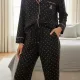 Ralph Lauren Γυναικείο set βαμβακερό πιτζάμας μαύρο με ρόζ πουά πουκάμισο με κουμπιά &  παντελόνι ILN92392
