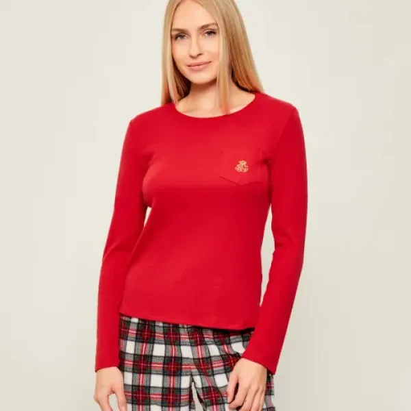 Ralph Lauren Γυναικείο set πιτζάμας Κόκκινη μπλούζα με logo &  καρώ παντελόνι ILN72458F