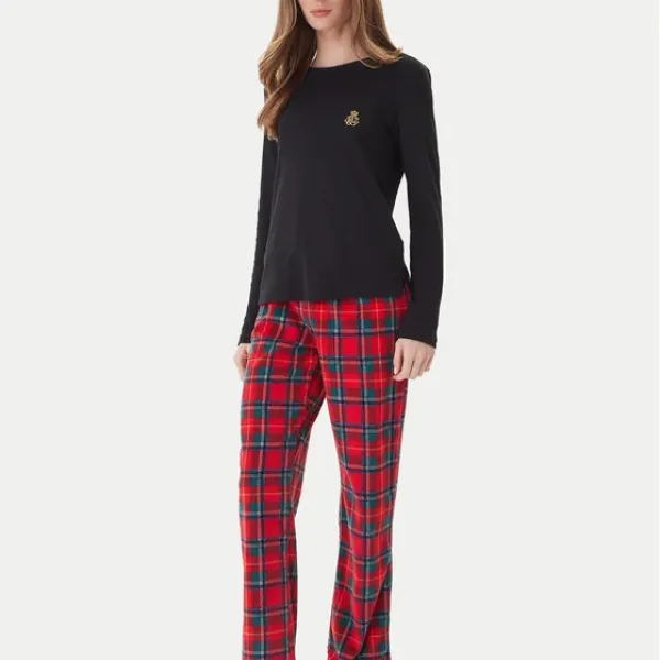 Ralph Lauren Γυναικείο set πιτζάμας μαύρη μπλούζα με τσέπη & logo & κόκκινο καρώ παντελόνι ILN72458F