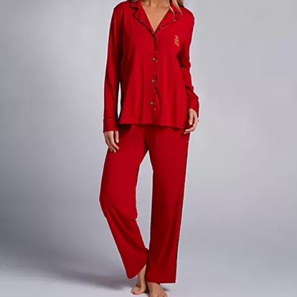 Ralph Lauren Γυναικείο set βαμβακερό πιτζάμας κόκκινο πουκάμισο με κουμπιά &  κόκκινο παντελόνι ILN72383F