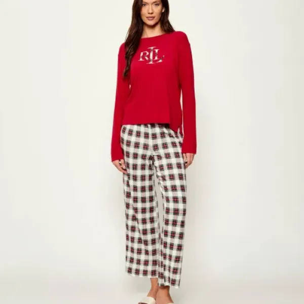 Ralph Lauren Γυναικείο set πιτζάμας Κόκκινη μπλούζα με καρώ logo &  καρώ  παντελόνι ILN92384F