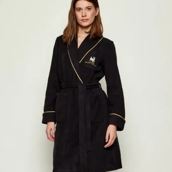 Ralph Lauren unisex luxury collection μαύρη fleece δετή ρόμπα με logo το αρκουδάκι & gold λεπτομέρειες ILN42471