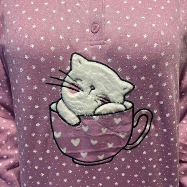 Γυναικεία Βαμβακερή Ροζ ζεστή Πιτζάμα με 3 κουμπιά fashion με σχέδιo γατούλα γούνινη SF1083 PINK