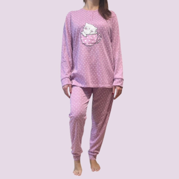 Γυναικεία Βαμβακερή Ροζ ζεστή Πιτζάμα με 3 κουμπιά fashion με σχέδιo γατούλα γούνινη SF1083 PINK