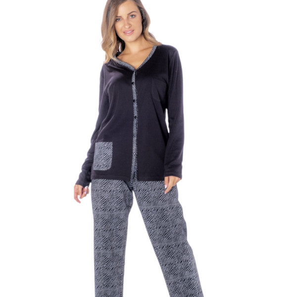 Secret Point Γυναικεία Βαμβακερή Πιτζάμα με Κουμπιά Animal Print Μαύρη με ασπρόμαυρες λεπτομέρειες 151