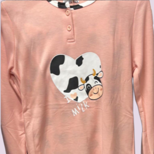 Γυναικεία Βαμβακερή ζεστή Πιτζάμα fashion με σχέδιο αγελαδίτσα σομόν μπλούζα με κουμπιά και παντελόνι λευκό Woo Q1035