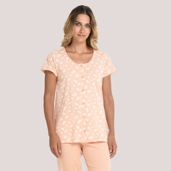 Zen by Daisy Γυναικείο Set πιτζάμα 100% βαμβακερή κοντομάνικη με κουμπιά σχέδιο μαργαρίτες & μονόχρωμο μακρύ παντελόνι 87947 Σομόν somon