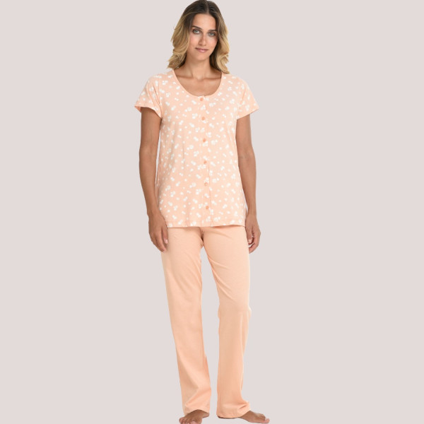 Zen by Daisy Γυναικείο Set πιτζάμα 100% βαμβακερή κοντομάνικη με κουμπιά σχέδιο μαργαρίτες & μονόχρωμο μακρύ παντελόνι 87947 Σομόν somon