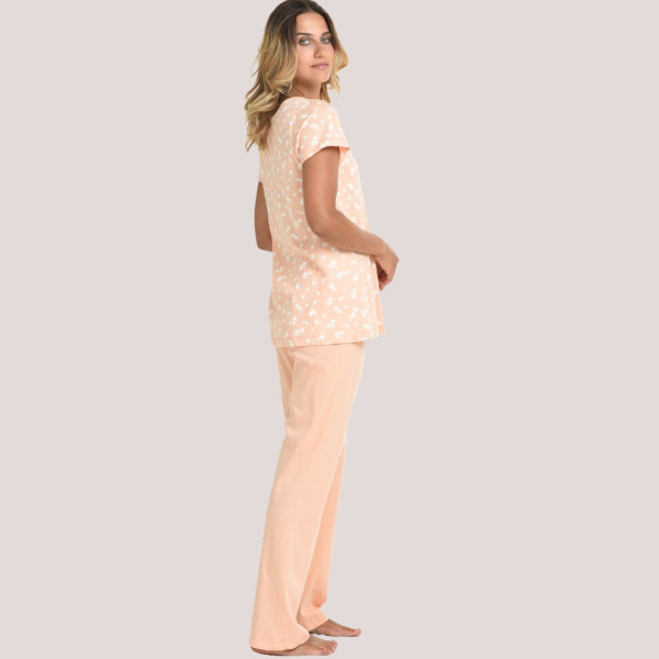 Zen by Daisy Γυναικείο Set πιτζάμα 100% βαμβακερή κοντομάνικη με κουμπιά σχέδιο μαργαρίτες & μονόχρωμο μακρύ παντελόνι 87947 Σομόν somon